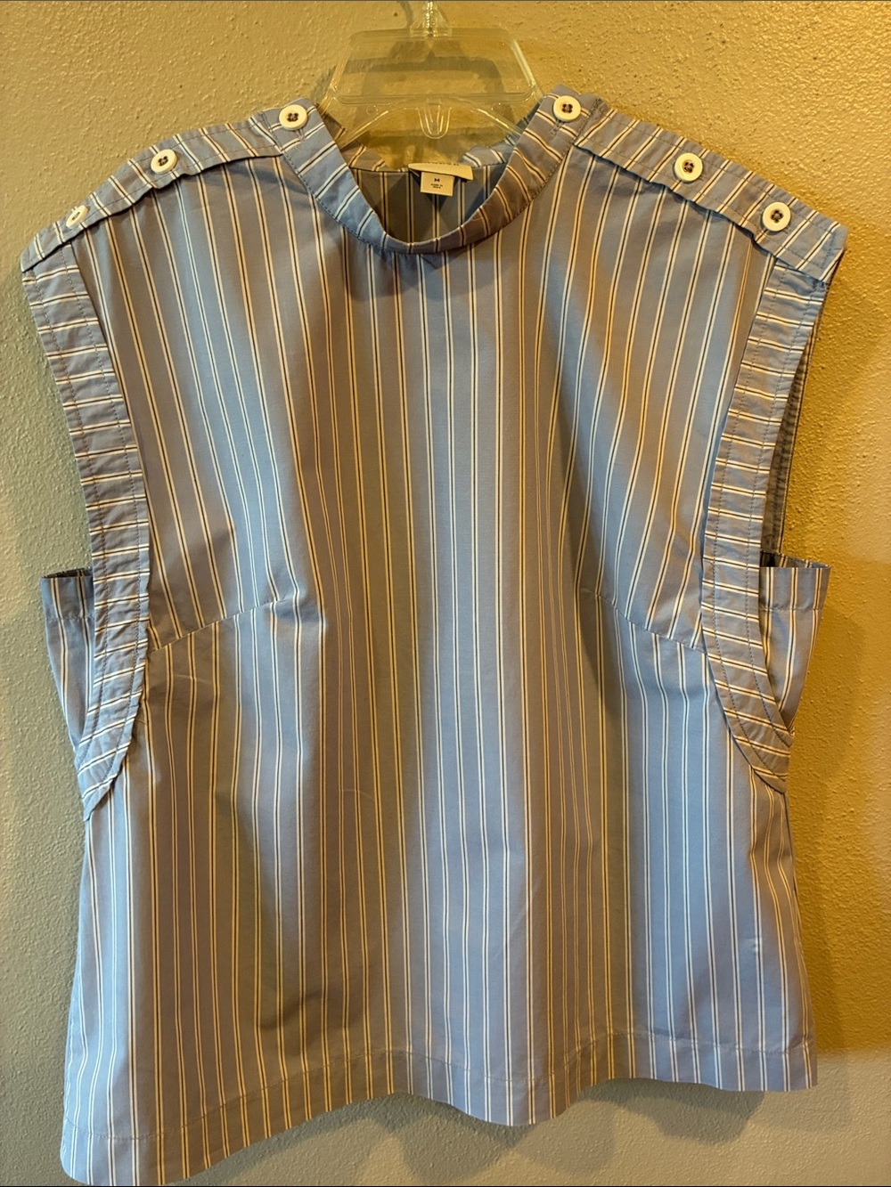 Maeve Light Blue and White Pinstripe Sleeveless Button-Shoulder Top